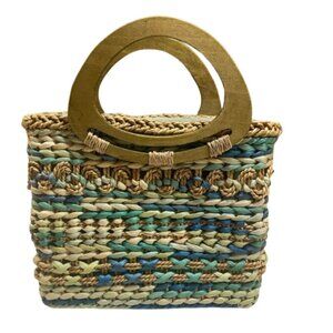 Cappelli Strawworld LIKE NEW turquoise textured straw structured bag with wood